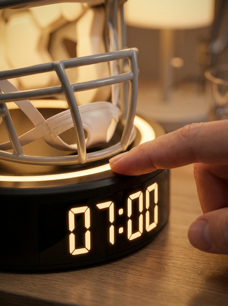 Close-up of a finger tapping the touch control ring above the bright digital time display