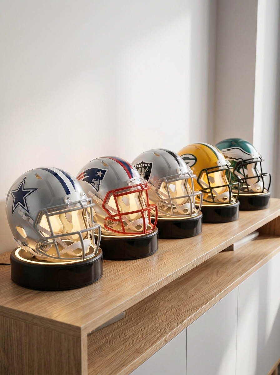 Five helmet alarm clocks — Cowboys, Patriots, Raiders, Packers and Eagles — lined up on a wooden shelf